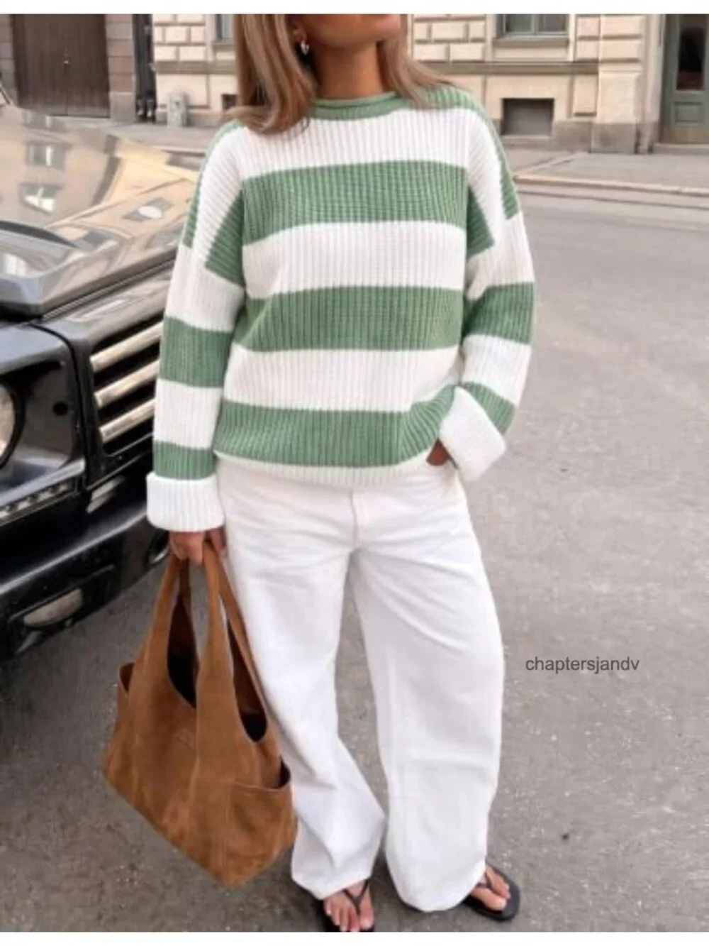 Womens Oversized Striped Knit Sweater Pullover Long Sleeve Crew Neck